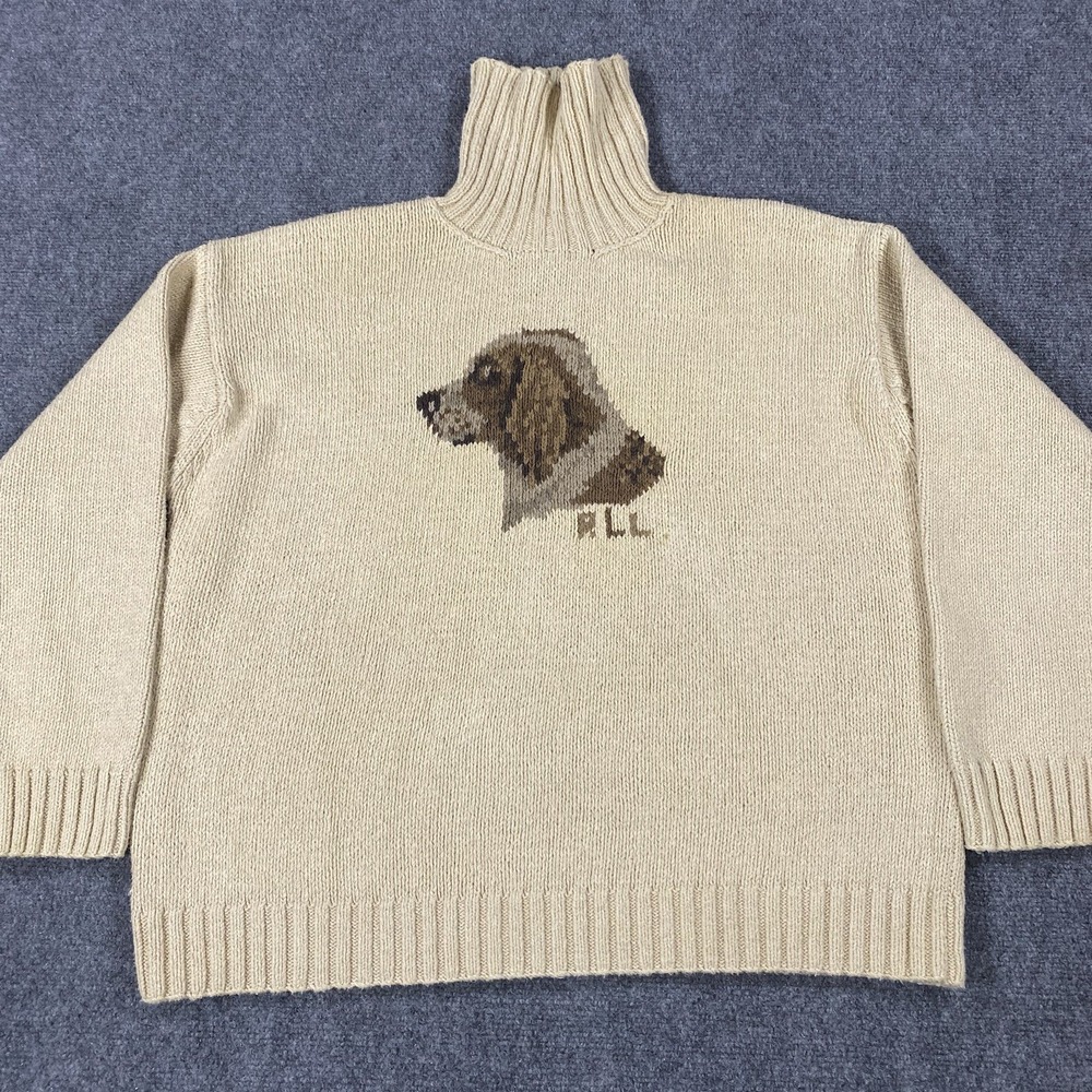 Vintage Lauren Ralph Lauren Dog Sweater Womens XL Turtleneck Cream Handknit